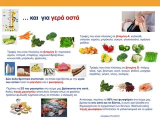 … και για γερά οστά
Τροφές που είναι πλούσιες σε βιταμίνη Α: κολοκύθι,
σπανάκι, καρότο, μπρόκολο, συκώτι, γλυκοπατάτα, πράσινα
ραδίκια.
Τροφές που είναι πλούσιες σε βιταμίνη C: πορτοκάλι,
λεμόνι, πιπεριά, σπαράγγι, λαχανικά Βρυξελλών,
κουνουπίδι, μπρόκολο, φράουλες.
Τροφές που είναι πλούσιες σε βιταμίνη D: πλήρες
γάλα, τυρί, βούτυρο, αυγό, συκώτι, βοδινό, μοσχάρι,
σαρδέλες, ρέγκα, τόνος, σολομός
Δύο άλλα θρεπτικά συστατικά, τα οποία σχετίζονται με την υγεία
των οστών είναι το μαγνήσιο και ο φώσφορος.
Περίπου τα 2/3 του μαγνησίου στο σώμα μας βρίσκονται στα οστά.
Καλές πηγές μαγνησίου αποτελούν όσπρια όπως τα φασόλια,
πράσινα φυλλώδη λαχανικά όπως το σπανάκι, ο σολομός κα.
Αντίστοιχα, περίπου το 80% του φωσφόρου στο σώμα μας
βρίσκεται στα οστά και τα δόντια, κι αυτό γιατί βοηθά στη
δημιουργία και το σχηματισμό των δοντιών. Ιδιαίτερα καλές
πηγές φωσφόρου αποτελούν τα γαλακτοκομικά και τα ψάρια
ΗΛΙΑΝΑ ΣΤΑΥΡΟΥ
 