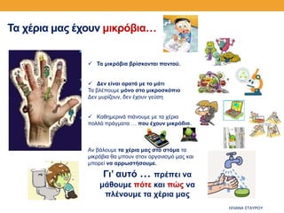 Τα χέρια μας έχουν μικρόβια…
 Τα μικρόβια βρίσκονται παντού.
 Δεν είναι ορατά με το μάτι
Τα βλέπουμε μόνο στο μικροσκόπιο
Δεν μυρίζουν, δεν έχουν γεύση
 Καθημερινά πιάνουμε με τα χέρια
πολλά πράγματα … που έχουν μικρόβια.
Αν βάλουμε τα χέρια μας στο στόμα τα
μικρόβια θα μπουν στον οργανισμό μας και
μπορεί να αρρωστήσουμε.
Γι’ αυτό … πρέπει να
μάθουμε πότε και πώς να
πλένουμε τα χέρια μας
ΗΛΙΑΝΑ ΣΤΑΥΡΟΥ
 