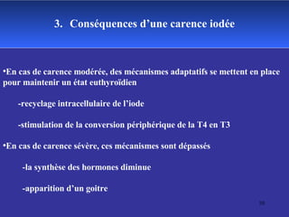 3.   Conséquences d’une carence iodée En cas de carence modérée, des mécanismes adaptatifs se mettent en place pour maintenir un état euthyroïdien  -recyclage intracellulaire de l’iode -stimulation de la conversion périphérique de la T4 en T3 En cas de carence sévère, ces mécanismes sont dépassés -la synthèse des hormones diminue -apparition d’un goitre   