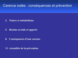 Carence iodée : conséquences et prévention Nature et métabolisme Besoins en iode et apports Conséquences d’une carence Actualités de la prévention 