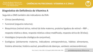 portaldeboaspraticas.iff.fiocruz.br
CARÊNCIAS NUTRICIONAIS: VITAMINA A E ZINCO
Diagnóstico de Deficiência da Vitamina A
Segundo a OMS também são indicadores da DVA:
• Clínico (xeroftalmia);
• Funcional (cegueira noturna);
• Bioquímicos (retinol sérico, retinol do leite materno, proteína ligadora de retinol – RBP- ,
resposta relativa a dose, resposta relativa a dose modificada, resposta sérica de 30 dias);
• Histológico (impressão citológica da conjuntiva);
• Ecológicos (aleitamento materno, indicadores antropométricos, hábitos alimentares,
história alimentar, história vacinal, prevalência de doenças, variáveis socioeconômicas).
Pee S, Dary O. J Nutr. 2002; 132 (Suppl 9):2895S-2901S OMS, 2002
 
