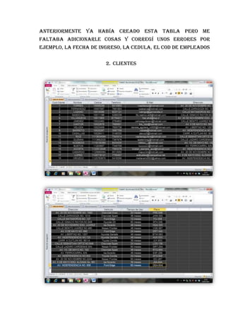 Anteriormente ya Había creado esta tabla pero me
faltaba adicionarle cosas y corregí unos errores por
ejemplo, la fecha de ingreso, la cedula, el cod de empleados
2. Clientes