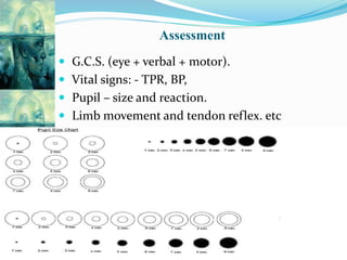 Assessment
 G.C.S. (eye + verbal + motor).
 Vital signs: - TPR, BP,
 Pupil – size and reaction.
 Limb movement and tendon reflex. etc
 