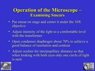 Operation of the Microscope –Operation of the Microscope –
Examining SmearsExamining Smears
• Put smear on stage and center it under the 10XPut smear on stage and center it under the 10X
objectiveobjective
• Adjust intensity of the light to a comfortable levelAdjust intensity of the light to a comfortable level
with the transformerwith the transformer
• Open condenser diaphragm about 70% to achieve aOpen condenser diaphragm about 70% to achieve a
good balance of resolution and contrastgood balance of resolution and contrast
• Adjust oculars for interpupillary distance so thatAdjust oculars for interpupillary distance so that
when looking with both eyes only one circle of lightwhen looking with both eyes only one circle of light
is seenis seen
 
