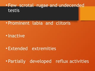 • Few scrotal rugae and undecended
testis
• Prominent labia and clitoris
• Inactive
• Extended extremities
• Partially developed reflux activities
 