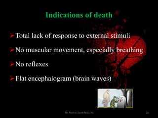 Indications of death
Total lack of response to external stimuli
No muscular movement, especially breathing
No reflexes
Flat encephalogram (brain waves)
20Mr. Melvin Jacob MSc (N)
 