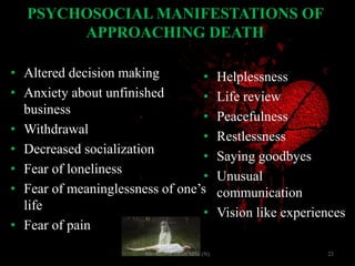 PSYCHOSOCIAL MANIFESTATIONS OF
APPROACHING DEATH
• Altered decision making
• Anxiety about unfinished
business
• Withdrawal
• Decreased socialization
• Fear of loneliness
• Fear of meaninglessness of one’s
life
• Fear of pain
• Helplessness
• Life review
• Peacefulness
• Restlessness
• Saying goodbyes
• Unusual
communication
• Vision like experiences
23Mr. Melvin Jacob MSc (N)
 