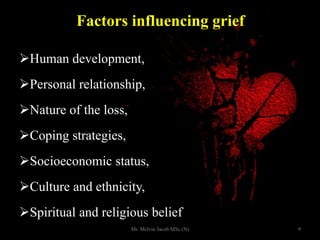 Factors influencing grief
Human development,
Personal relationship,
Nature of the loss,
Coping strategies,
Socioeconomic status,
Culture and ethnicity,
Spiritual and religious belief
9Mr. Melvin Jacob MSc (N)
 