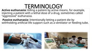 TERMINOLOGY
Active euthanasia: Killing a patient by active means, for example,
injecting a patient with a lethal dose of a drug, sometimes called
“aggressive” euthanasia.
Passive euthanasia: Intentionally letting a patient die by
withholding artificial life support such as a ventilator or feeding tube.
 