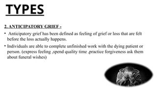TYPES
2. ANTICIPATORY GRIEF -
• Anticipatory grief has been defined as feeling of grief or loss that are felt
before the loss actually happens.
• Individuals are able to complete unfinished work with the dying patient or
person. (express feeling ,spend quality time ,practice forgiveness ask them
about funeral wishes)
 