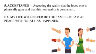 5. ACCEPTANCE – Accepting the reality that the loved one is
physically gone and that this new reality is permanent .
EX. MY LIFE WILL NEVER BE THE SAME BUT I AM AT
PEACE WITH WHAT HAS HAPPENED.
 
