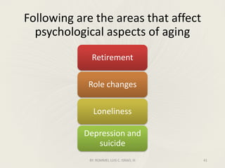 Following are the areas that affect
psychological aspects of aging
BY: ROMMEL LUIS C. ISRAEL III 41
Retirement
Role changes
Loneliness
Depression and
suicide
 