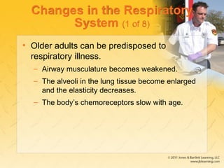 Changes in the Respiratory
System (1 of 8)
• Older adults can be predisposed to
respiratory illness.
– Airway musculature becomes weakened.
– The alveoli in the lung tissue become enlarged
and the elasticity decreases.
– The body’s chemoreceptors slow with age.
 