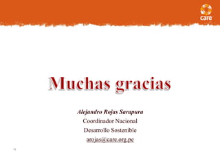 Alejandro Rojas Sarapura
Coordinador Nacional
Desarrollo Sostenible
arojas@care.org.pe
18
 