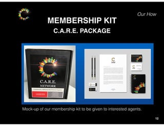 Our How
MEMBERSHIP KIT
12
C.A.R.E. PACKAGE
Mock-up of our membership kit to be given to interested agents.
 