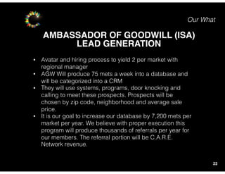 AMBASSADOR OF GOODWILL (ISA)
Our What
22
• Avatar and hiring process to yield 2 per market with
regional manager
• AGW Will produce 75 mets a week into a database and
will be categorized into a CRM
• They will use systems, programs, door knocking and
calling to meet these prospects. Prospects will be
chosen by zip code, neighborhood and average sale
price.
• It is our goal to increase our database by 7,200 mets per
market per year. We believe with proper execution this
program will produce thousands of referrals per year for
our members. The referral portion will be C.A.R.E.
Network revenue.
LEAD GENERATION
 