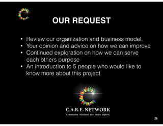 OUR REQUEST
28
• Review our organization and business model.
• Your opinion and advice on how we can improve
• Continued exploration on how we can serve
each others purpose
• An introduction to 5 people who would like to
know more about this project
 