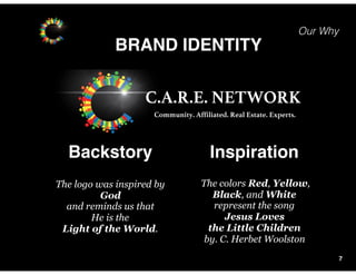 Our Why
BRAND IDENTITY
7
The logo was inspired by
God
and reminds us that
He is the
Light of the World.
Inspiration
The colors Red, Yellow,
Black, and White
represent the song
Jesus Loves
the Little Children
by. C. Herbet Woolston
Backstory
 