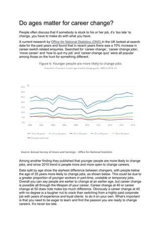 Do ages matter for career change?
People often discuss that if somebody is stuck to his or her job, it’s ‘too late’ to
change, you have to make do with what you have.
A current research by Office for National Statistics (ONS) in the UK looked at search
data for the past years and found that in recent years there was a 70% increase in
career switch related enquiries. Searched for ‘career change’, ‘career change jobs’,
‘move career’ and ‘how to quit my job’ and ‘career change quiz’ were all popular
among those on the hunt for something different.
Among another finding they published that younger people are more likely to change
jobs, and since 2010 trend is people more and more open to change careers.
Data split by age show the starkest difference between changers, with people below
the age of 35 years more likely to change jobs, as shown below. This could be due to
a greater proportion of younger workers in part-time, unstable or temporary jobs.
Overall you can say people are earlier to change at an earlier age, but career change
is possible all through the lifespan of your career. Career change at 40 or career
change at 50 does note make too much difference. Obviously a career change at 40
with no degree is a tougher nut to crack than switching from a highly paid corporate
job with years of experience and loyal clients to do it on your own. What’s important
is that you need to be eager to learn and find the passion you are ready to change
careers. It’s never too late.
 