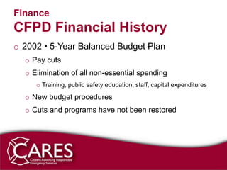 Finance
CFPD Financial History
o 2002 • 5-Year Balanced Budget Plan
  o Pay cuts
  o Elimination of all non-essential spending
     o Training, public safety education, staff, capital expenditures
  o New budget procedures
  o Cuts and programs have not been restored
 