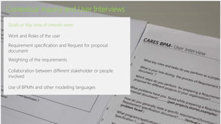 Contextual inquiry and User Interviews
Goals or Key area of interest were:
Work and Roles of the user
Requirement specification and Request for proposal
document
Weighting of the requirements
Collaboration between different stakeholder or people
involved
Use of BPMN and other modelling languages
 