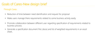 Goals of Cares-New design brief
Through Cares:
• Reduction of time between need identification and request for proposal
• Make users manage there requirements related to some business activity easily
• Promote collaboration between different user regarding specification of requirements related to
business process.
• Generate a specification document File (.docx) and list of weighted requirements in an excel
sheet..
 