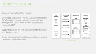 Literature Study-BPMN
Business Process Modeling Notation .
Developed by Business Process Management Initiative
(BPMI), and is currently maintained by the Object
Management Group since the two organizations
merged in 2005
Supports business process management for technical
and business users
Bridge communication gap between business process
design and implementation Basic Elements-BPMN
 