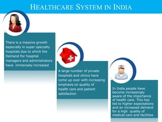HEALTHCARE SYSTEM IN INDIA
In India people have
become increasingly
aware of the importance
of health care. This has
led to higher expectations
and an increased demand
for a high quality of
medical care and facilities
There is a massive growth
especially in super specialty
hospitals due to which the
Demand For hospital
managers and administrators
have immensely increased
A large number of private
hospitals and clinics have
come up over with increasing
emphasis on quality of
health care and patient
satisfaction
 