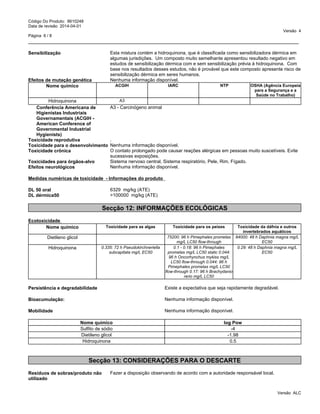 _____________________________________________________________________________________________
Código Do Produto: 8610248
Data de revisão 2014-04-01
Versão 4
Página 6 / 8
Sensibilização Esta mistura contém a hidroquinona, que é classificada como sensibilizadora dérmica em
algumas jurisdições. Um composto muito semelhante apresentou resultado negativo em
estudos de sensibilização dérmica com e sem sensibilização prévia à hidroquinona. Com
base nos resultados desses estudos, não é provável que este composto apresente risco de
sensibilização dérmica em seres humanos.
Efeitos de mutação genética Nenhuma informação disponível.
Nome químico ACGIH IARC NTP OSHA (Agência Europeia
para a Segurança e a
Saúde no Trabalho)
Hidroquinona A3
Conferência Americana de
Higienistas Industriais
Governamentais (ACGIH -
American Conference of
Governmental Industrial
Hygienists)
A3 - Carcinógeno animal
Toxicidade reprodutiva .
Toxicidade para o desenvolvimento Nenhuma informação disponível.
Toxicidade crônica O contato prolongado pode causar reações alérgicas em pessoas muito suscetíveis. Evite
sucessivas exposições.
Toxicidades para órgãos-alvo Sistema nervoso central, Sistema respiratório, Pele, Rim, Fígado.
Efeitos neurológicos Nenhuma informação disponível.
Medidas numéricas de toxicidade - Informações do produto
DL 50 oral 6329 mg/kg (ATE)
DL dérmica50 >100000 mg/kg (ATE)
Secção 12: INFORMAÇÕES ECOLÓGICAS
Ecotoxicidade
Nome químico Toxicidade para as algas Toxicidade para os peixes Toxicidade da dáfnia e outros
invertebrados aquáticos
Dietileno glicol 75200: 96 h Pimephales promelas
mg/L LC50 flow-through
84000: 48 h Daphnia magna mg/L
EC50
Hidroquinona 0.335: 72 h Pseudokirchneriella
subcapitata mg/L EC50
0.1 - 0.18: 96 h Pimephales
promelas mg/L LC50 static 0.044:
96 h Oncorhynchus mykiss mg/L
LC50 flow-through 0.044: 96 h
Pimephales promelas mg/L LC50
flow-through 0.17: 96 h Brachydanio
rerio mg/L LC50
0.29: 48 h Daphnia magna mg/L
EC50
Persistência e degradabilidade Existe a expectativa que seja rapidamente degradável.
Bioacumulação: Nenhuma informação disponível.
Mobilidade Nenhuma informação disponível.
Nome químico log Pow
Sulfito de sódio -4
Dietileno glicol -1.98
Hidroquinona 0.5
Secção 13: CONSIDERAÇÕES PARA O DESCARTE
Versão ALC
Resíduos de sobras/produto não
utilizado
Fazer a disposição observando de acordo com a autoridade responsável local.
 