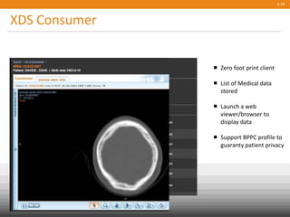 XDS Consumer
p.18
 Zero foot print client
 List of Medical data
stored
 Launch a web
viewer/browser to
display data
 Support BPPC profile to
guaranty patient privacy
 