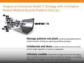 p.30
Imagine an Enterprise Health IT Strategy with a Complete
Patient Medical Records Platform that can…
Manage patients not pixels. Easily provide global patient
medical records, shifting the reporting workflow paradigm.
Collaborate and share. Enable on-demand access to critical
clinical insight regardless of system or geography.
Infinitely scalable. Seamlessly manage and archive all imaging
source and document formats beyond traditional radiology or cardiology
departments, throughout the entire medical data lifecycle.
Public
© Carestream Health, 2013
 