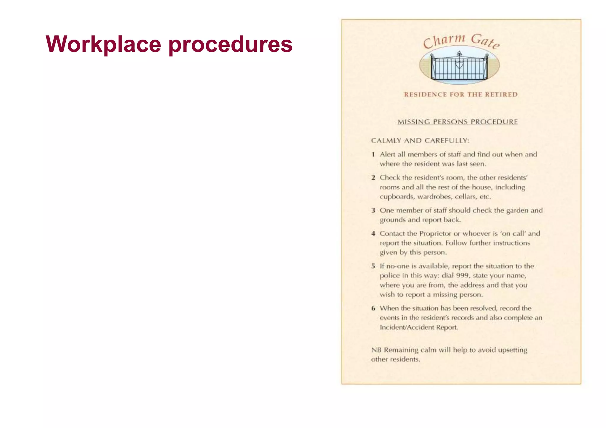 Workplace procedures