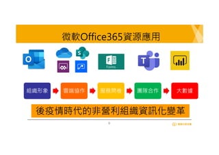 8
組織形象 雲端協作 服務問卷 團隊合作 大數據
微軟Office365資源應用
後疫情時代的非營利組織資訊化變革
 