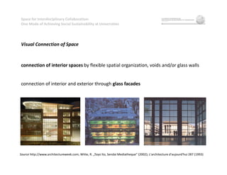 Space for Interdisciplinary Collaboration:
One Mode of Achieving Social Sustainability at Universities
Visual Connection of Space
connection of interior spaces by flexible spatial organization, voids and/or glass walls
connection of interior and exterior through glass facades
Source http://www.architectureweek.com; Witte, R. „Toyo Ito, Sendai Mediatheque” (2002); L'architecture d'aujourd'hui 287 (1993)
 