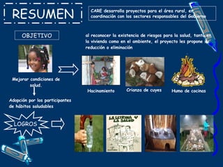RESUMEN CARE desarrolla proyectos para el área rural, en coordinación con los sectores responsables del Gobierno OBJETIVO Mejorar condiciones de salud. Adopción por los participantes de hábitos saludables al reconocer la existencia de riesgos para la salud, tanto en la vivienda como en el ambiente, el proyecto les propone su reducción o eliminación Hacinamiento Crianza de cuyes Humo de cocinas LOGROS 