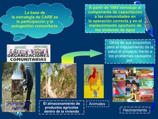 Otros de sus propósitos para el mejoramiento de la salud el proyecto frente a los problemas causados por: La base de la estrategia de CARE es la participación y la autogestión comunitaria. A partir de 1985 introdujo el componente de capacitación a las comunidades en la operación correcta y en el mantenimiento oportuno de los sistemas de agua Humo de las cocinas El almacenamiento de productos agrícolas dentro de la vivienda Animales  Hacinamiento 