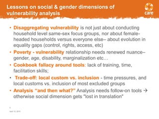 Lessons on social & gender dimensions of
vulnerability analysis
• Disaggregating vulnerability is not just about conducting
household level same-sex focus groups, nor about female-
headed households versus everyone else– about evolution in
equality gaps (control, rights, access, etc)
• Poverty - vulnerability relationship needs renewed nuance–
gender, age, disability, marginalization etc…
• Cookbook fallacy around tools: lack of training, time,
facilitation skills;
• Trade-off: local custom vs. inclusion - time pressures, and
local customs vs. inclusion of most excluded groups
• Analysis “and then what?” Analysis needs follow-on tools 
otherwise social dimension gets "lost in translation"
April 15, 2015
5
 
