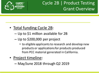 Presentation	to	JPA
• Total	funding	Cycle	2B:	
– Up	to	$1	million	available	for	2B
– Up	to	$200,000	per	project
• to	eligible	applicants	to	research	and	develop	new	
products	or	applications	for	products	produced	
from	PCC	material	generated	in	California.	
• Project	timeline:	
– May/June	2018	through	Q2	2019
Cycle	2B	|	Product	Testing	
Grant	Overview	
 