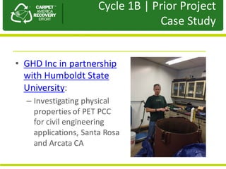 Presentation	to	JPA
• GHD	Inc	in	partnership	
with	Humboldt	State	
University:	
– Investigating	physical	
properties	of	PET	PCC	
for	civil	engineering	
applications,	Santa	Rosa	
and	Arcata	CA
Cycle	1B	|	Prior	Project
Case	Study
 