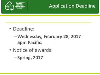 Presentation	to	JPA
• Deadline:	
–Wednesday,	February	28,	2017	
5pm	Pacific.
• Notice	of	awards:
–Spring,	2017
Application	Deadline
 