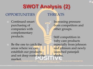 OPPORTUNITIES THREATS
 Continued smart
purchasing of
companies with
complementary
products.
 Be the one to catch the
areas where we can
establish our products
and set deep roots in the
market.
 Increasing pressure
from competitors and
other groups.
 Stiff competition in
baby care products
especially from johnson
and johnson and newly
launched patanjali
shishu.
 