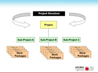 Project Structure
Project
Sub-Project A Sub-Project B Sub-Project C
Work
Packages
Work
Packages
Work
Packages
Work
Packages
Work
Packages
Work
Packages
Work
Packages
Work
Packages
Work
Packages
Work
Packages
Work
Packages
Work
Packages
Work
Packages
 
