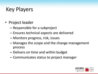 Key Players
• Project leader
– Responsible for a subproject
– Ensures technical aspects are delivered
– Monitors progress, risk, issues
– Manages the scope and the change management
process
– Delivers on time and within budget
– Communicates status to project manager
 