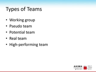 Types of Teams
• Working group
• Pseudo team
• Potential team
• Real team
• High-performing team
 