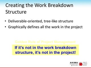 Creating the Work Breakdown
Structure
• Deliverable-oriented, tree-like structure
• Graphically defines all the work in the project
If it’s not in the work breakdown
structure, it’s not in the project!
Golden Rule of Project Management
 