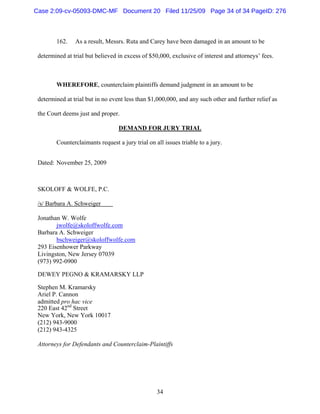 34
162. As a result, Messrs. Ruta and Carey have been damaged in an amount to be
determined at trial but believed in excess of $50,000, exclusive of interest and attorneys’ fees.
WHEREFORE, counterclaim plaintiffs demand judgment in an amount to be
determined at trial but in no event less than $1,000,000, and any such other and further relief as
the Court deems just and proper.
DEMAND FOR JURY TRIAL
Counterclaimants request a jury trial on all issues triable to a jury.
Dated: November 25, 2009
SKOLOFF & WOLFE, P.C.
/s/ Barbara A. Schweiger
Jonathan W. Wolfe
jwolfe@skoloffwolfe.com
Barbara A. Schweiger
bschweiger@skoloffwolfe.com
293 Eisenhower Parkway
Livingston, New Jersey 07039
(973) 992-0900
DEWEY PEGNO & KRAMARSKY LLP
Stephen M. Kramarsky
Ariel P. Cannon
admitted pro hac vice
220 East 42nd
Street
New York, New York 10017
(212) 943-9000
(212) 943-4325
Attorneys for Defendants and Counterclaim-Plaintiffs
Case 2:09-cv-05093-DMC-MF Document 20 Filed 11/25/09 Page 34 of 34 PageID: 276
 