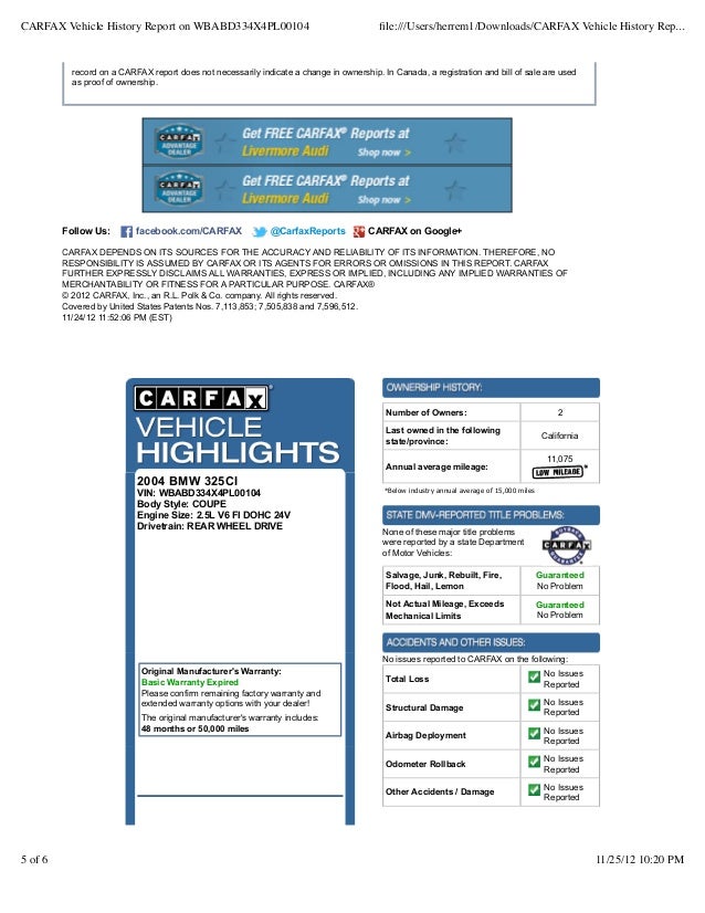 Carfax vehicle history report on wbabd334 x4pl00104