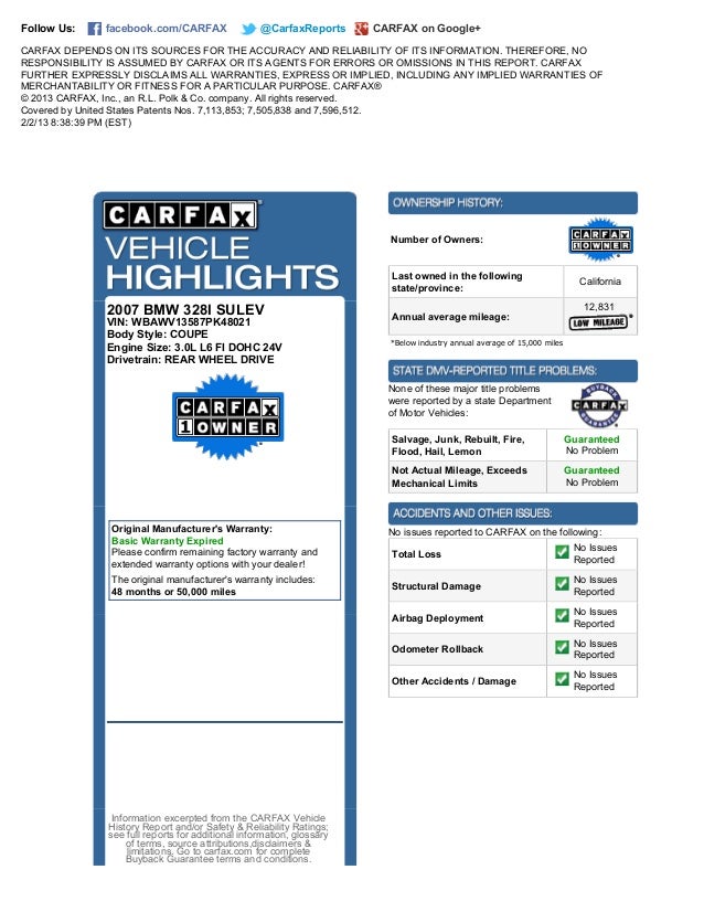Carfax vehicle history report on wbawv13587 pk48021