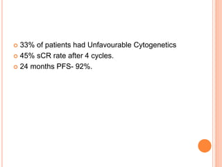  33% of patients had Unfavourable Cytogenetics
 45% sCR rate after 4 cycles.
 24 months PFS- 92%.
 
