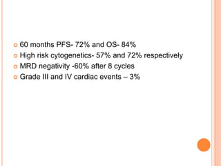  60 months PFS- 72% and OS- 84%
 High risk cytogenetics- 57% and 72% respectively
 MRD negativity -60% after 8 cycles
 Grade III and IV cardiac events – 3%
 